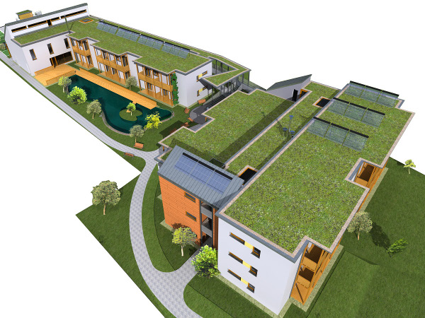  Vizualizace - nadhledová perspektiva věrně zobrazuje hmotové členění a architektonický výraz PBDS. Zřejmý je rozsah zelených střech a navazující zeleně.